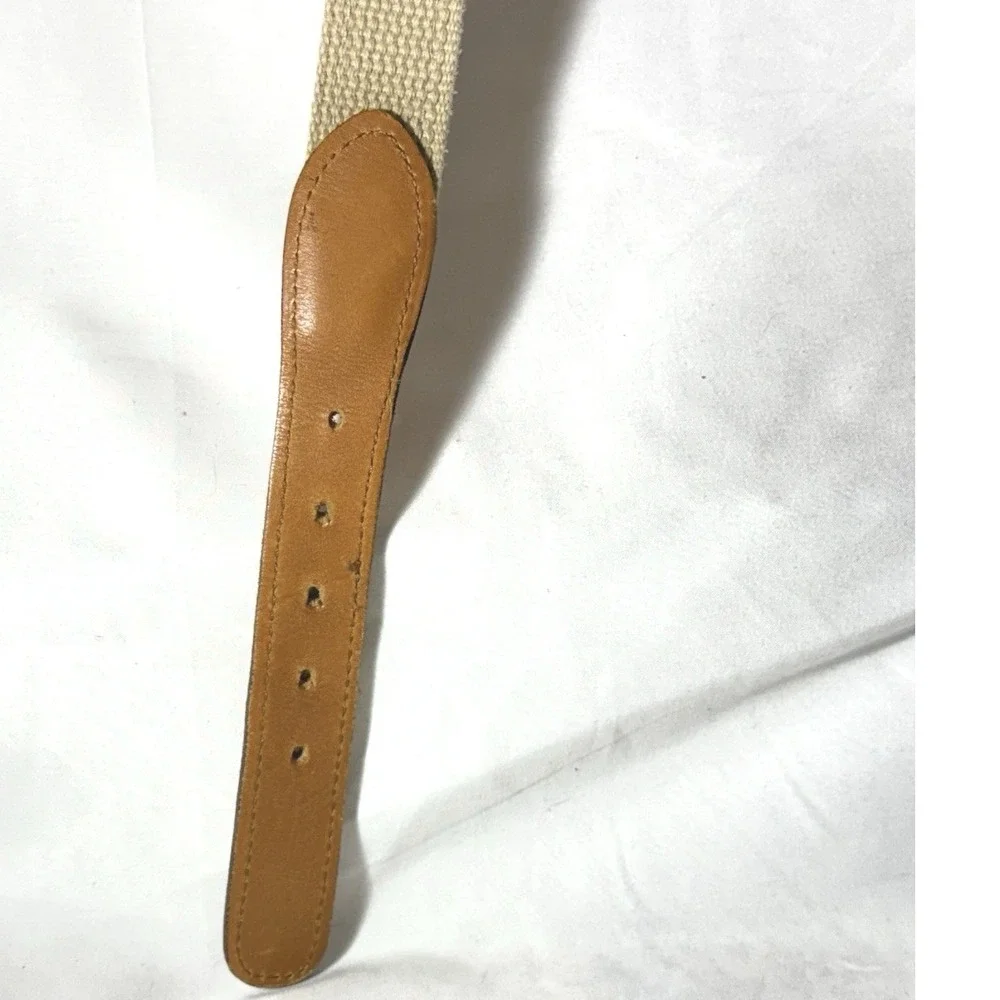 Vintage ZEP-PRO Sailboats Cream Cotton‎ Brown Leather Brass Buckle Belt 38 USA
